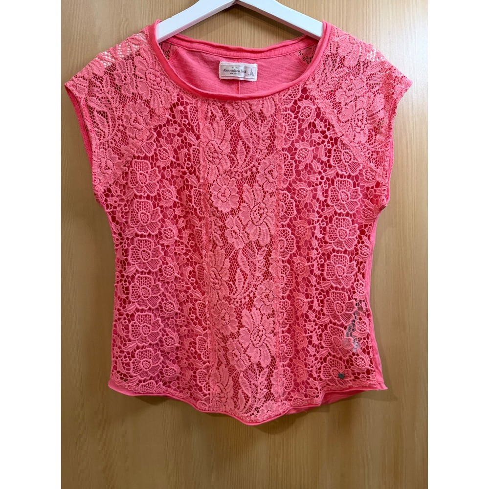 Abercrombie & Fitch Womens Large Pink Floral Lace Front Slub Knit Top Tee